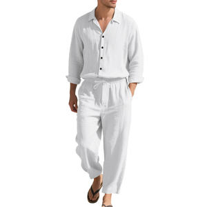 Completo Estivo da Uomo in Cotone e <span class=keywords><strong>Lino</strong></span>, Stile Safari, Traspirante, Tinta Unita, <span class=keywords><strong>Camicia</strong></span> a Maniche Lunghe e Pantaloni per la <span class=keywords><strong>Spiaggia</strong></span> - Product Image 4