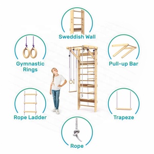 Équipement de gym à domicile : Ensemble d'échelle suédoise en bois avec barre de traction, anneaux de gymnastique et échelle à cordes pour adultes et enfants - Product Image 3