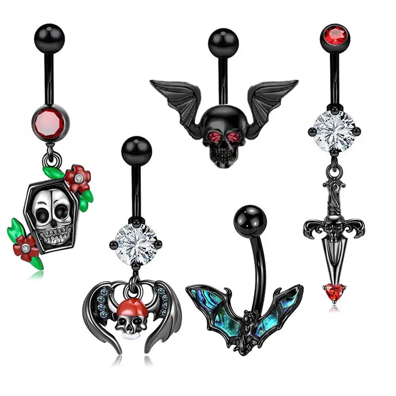 Halloween Crânio Umbigo Anel Cirúrgico Aço Cruz Umbigo Piercing Jóias Dangle Cobra Barriga Jóias Mulheres Piercing Jóias