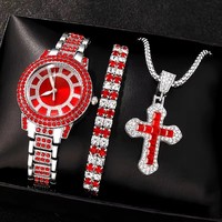Ensemble 3 Pièces 2025 : Montre Rose, Collier Croix, Montre-Bracelet Strass, Montres Décontractées pour Femmes, Ensemble Bracelet