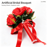 Bouquet de demoiselle d'honneur pastoral avec roses artificielles en soie, feuilles vertes et ruban de satin pour cérémonie de mariage occidentale et décoration de cérémonie de mariée