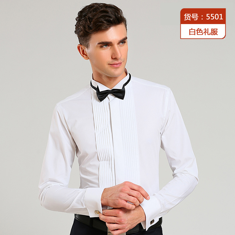 Classic Winged Collar Dress Shirt Men's Wingtip Tuxedo Formal Shirts with Red Black Bow Tie Party Dinner Wedding Tops