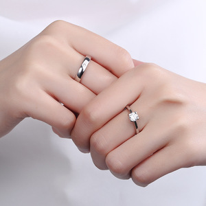무료 크기 조정 가능한 925 실버 커플 링 결혼 약혼 보석 다이아몬드 반지 크리스탈 반지 - Product Image 2