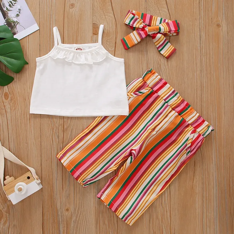 New Fashion Summer Supsender Top+Shorts+Headband 3pcs Cotton Colorful Striped Baby Girl Clothing Set