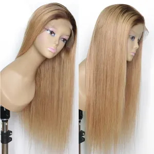 Long Ombre Strawberry Honey Blonde Color Straight Virgin Human Hair Wigs With Brown Root, Color T4/27 Front Lace Wigs
