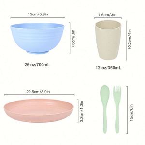 Vaisselle 100% biodégradable, 20 pièces, ensemble de couverts et de bols en paille de blé colorés, vaisselle pour adultes, assiettes - Product Image 2