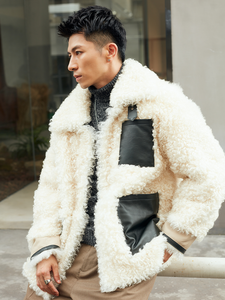 Cappotto in Pelliccia di Lana di Pecora Bianca Riccia alla Moda per <span class=keywords><strong>Uomo</strong></span> con Tre Tasche in <span class=keywords><strong>Pelle</strong></span> a Prezzo di Fabbrica - Product Image 3