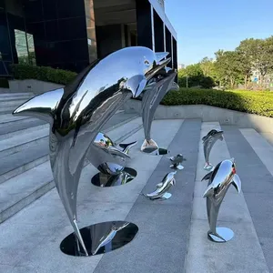 Custom Size Metal Stainless Steel Sculpture Outdoor Water Feature Decoration Piece Animal Modeling Mirror Dolphin For Sale