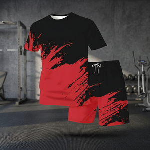 Men's Black Red Hand-Painted <b>T</b>-<b>Shirt</b> And Shorts Set Crew Neck Knitted Sporty Summer Quick Dry Outfit - Product Image 3