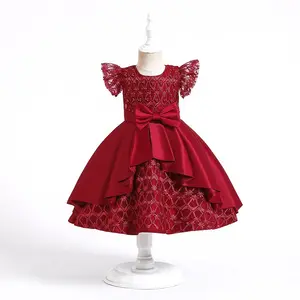 Di alta qualità estate perline pizzo rosso principessa bambini Pageant Ball Gown Flower Girls abiti da sposa Baby Frock Toddler Clothes