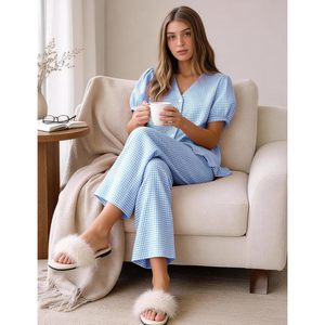 Conjunto de Pijama de 2 Piezas para Mujer, Estampado a Cuadros, Algodón, Manga Corta, Top con Volantes, Pantalones de Descanso, Ropa de Dormir - Product Image 6