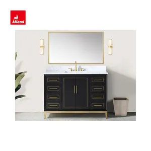 Allandcabinets الانتقالية ورنيش أسود الحمام خزانات الحمام مجموعة الحمام الغرور مع المعادن زينة