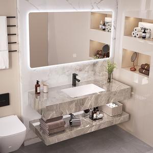 Meuble-Lavabo Mural de Luxe Moderne avec Miroir et Vasque en Marbre et Céramique Frittée Légère pour Hôtel et Salle de Bain - Product Image 1