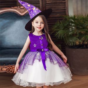 Halloween Witch Costume Dress For Girls With Hat Black Star Print Tulle Skirt Cosplay Performance Outfit - Product Image 2