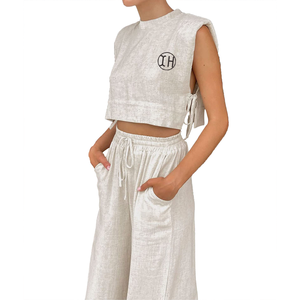 Personalizzare l'alta qualità Set di lino 2 pezzi senza maniche girocollo <span class=keywords><strong>con</strong></span> cravatta laterale Top <span class=keywords><strong>tasche</strong></span> larghe <span class=keywords><strong>pantaloni</strong></span> - Product Image 5