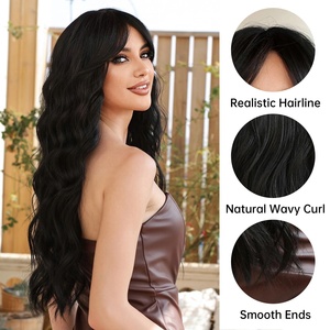 Peluca negra ondulada larga con flequillo, pelucas de pelo rizado sintético para mujeres blancas, fibra resistente al calor, Cosplay, uso diario, peluca de pelo falso - Product Image 2