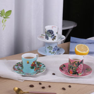 Juego de 2 Tazas y Platos de Espresso de Cerámica de 90 ml con Diseño Floral, Porcelana Dura con Decoración Esmaltada, Juego de Tazas de Café para el Hogar, Cafetería o Regalo - Product Image 5