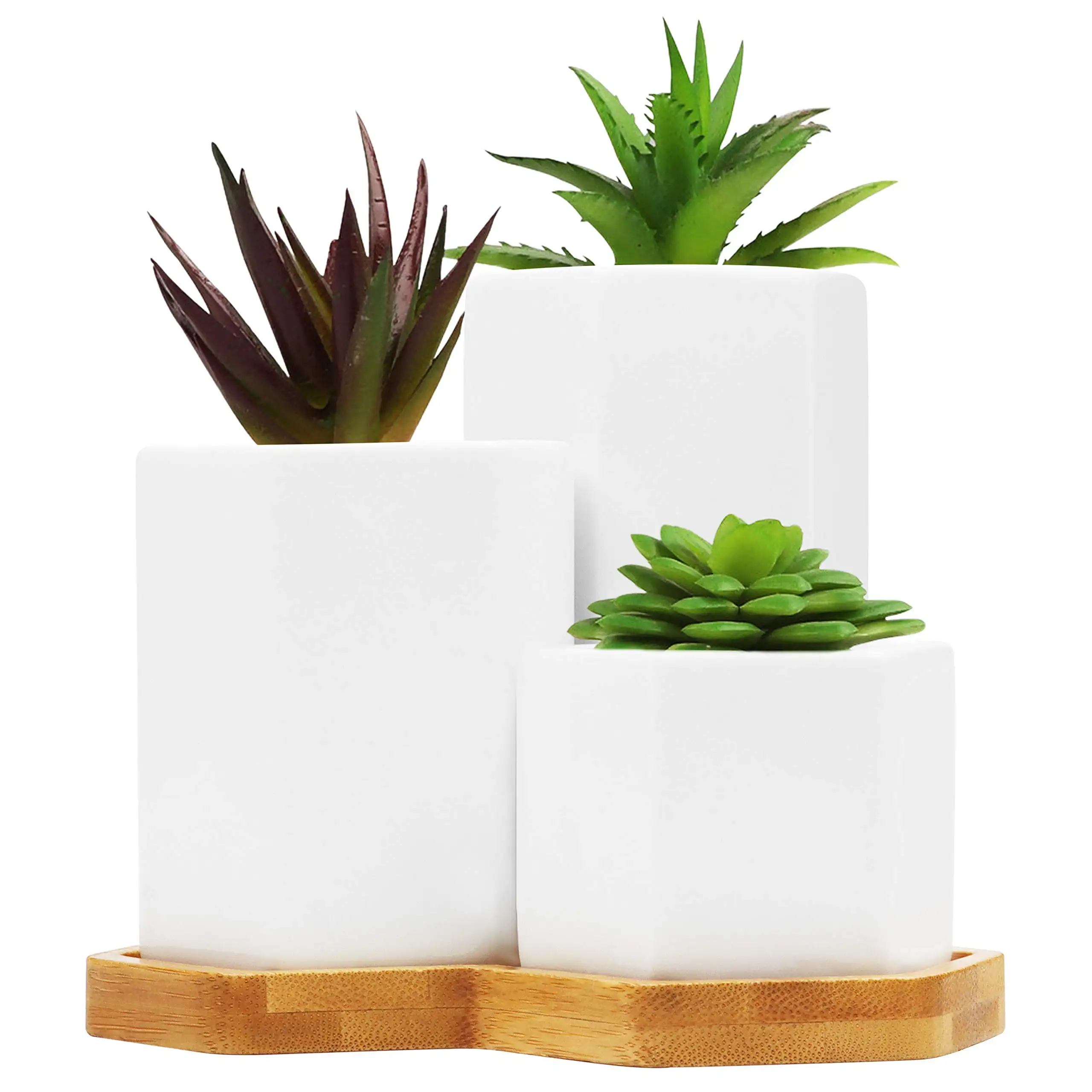 Vendite calde 3 pezzi Set semplice bianco esagonale in ceramica succulente vasi di Cactus vaso di fiori con vassoio in legno di bambù