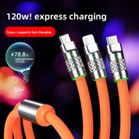 Câble 3-en-1 de charge super rapide 120W, un à trois type-c avec blindage de tresse et veste en TPE pour écouteurs d'appareils, en stock