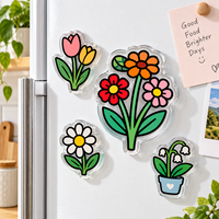 Aimant de réfrigérateur personnalisé en acrylique, motif floral de dessin animé mignon, découpe acrylique transparente pour la décoration de la maison et de la cuisine, vente en gros