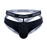 JOCKMAIL Sous-vêtements pour hommes sexy à taille basse, en nylon respirant teint en pièce, avec imprimé lettres, bande élastique et design ajouré croisé, type jockstrap