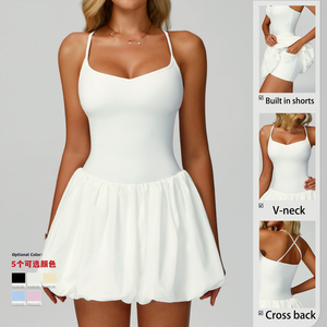 Benutzer definierte Logo Plain Puffy One Piece Tennis Kleider Frauen V-Ausschnitt Eingebaute Shorts Cross Back Golf Badminton Plus Size Sommerkleid - Product Image 2