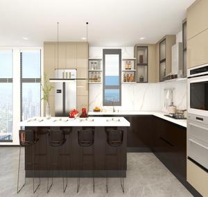 Îlot de <span class=keywords><strong>cuisine</strong></span> BAILOM personnalisable, moderne, écologique, en bois noir et blanc, avec comptoir en quartz et réfrigérateur encastré - Product Image 2