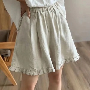 Cotton Linen Shorts Women Green <b>Elastic</b> Waist Wide Leg Ruffled Edge Casual Summer Pants QY518 - Product Image 2