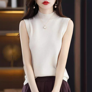 2025 été nouvelle ligne de prêt-à-porter chemise à col mi-haut sans manches en laine tricotée - Product Image 6