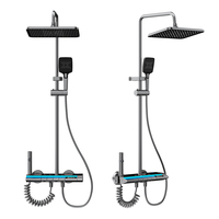 Juego de ducha tipo lluvia de aluminio 4209 duradero con pantalla digital de 4 funciones, teclas tipo piano, rociador de mano y estante para baño de villa