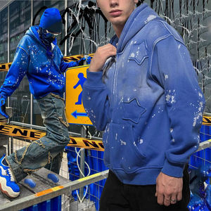 KINGSEN Splatter Vintage lavé 100% coton Patch brodé Zip Up Hoodie Homme French Terry Hoodie lavé Hip Hop hoodie - Product Image 1