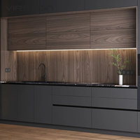 Meubles de cuisine modulaires en mélamine, construction en aggloméré, texture bois noir, tiroir et panier inclus pour usage domestique et commercial