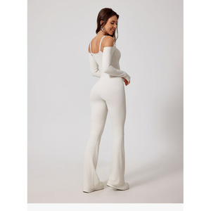 Tuta da <span class=keywords><strong>donna</strong></span> nuova senza schienale con spalle scoperte Sexy costume intero a maniche lunghe pantaloni svasati tuta Yoga - Product Image 2