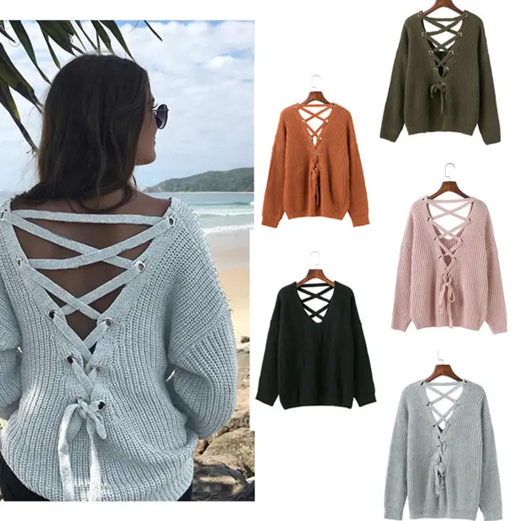 Women's V-Neck Long Sleeve Knitwear Backcross Straps Sexy Solid Autumn Fashion Loose Pullover Cropped Top