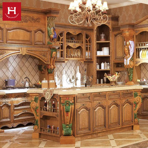 HAPPY HOUSES American European <strong>Kitchen</strong> Classic Luxury Solid Wooden <strong>Kitchen</strong> Cabinets with Island Table Full <strong>Kitchen</strong> for Villa - Product Image 1