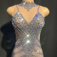 Luxury Diamonds Embellished Low Cut Deep V See-through slip Dress Women Sexy Party Dresses Elegant Evening Dress Stage Wear