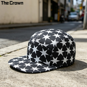 Custom Logo Cotton Star Print 5 Panel Camp Cap Wholesale Bulk Interlocking Pattern <b>Flat</b> Brim <b>Hat</b> Manufacturer - Product Image 3