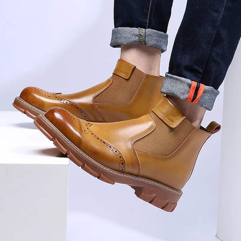 New Style Vintage Genuine Leather Men's Fashion Slip On Chelsea Boots Lace-up Flat Casual Boots Ankle Boots For Men