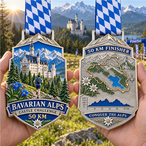 Médaille personnalisée de course de trail 50 km Alpes Bavaroises, course de <span class=keywords><strong>montagne</strong></span> virtuelle, récompense sportive en alliage de zinc pour clubs et événements - Product Image 1