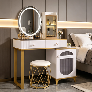 Modern Makeup <b>Vanity</b> With Lighted Mirror Storage Drawers Bedroom Dressing <b>Table</b> With Stool - Product Image 5