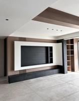 Meuble TV moderne avec étagère ouverte et tiroirs, console multimédia en MDF noir pour salon