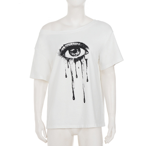 เสื้อยืดพิมพ์ลายขนตาโตสไตล์ซับคัลเจอร์ แขนสั้นเปิดไหล่ สตรีทแวร์ลำลอง Y2K สาวฮอต ทรงหลวม - Product Image 6