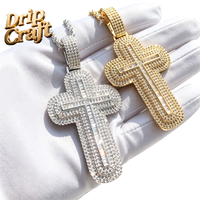 Collier pendentif croix double couche style hip-hop entièrement serti de zircons cubiques taille baguette, accessoire de rap pour homme
