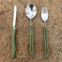Vaisselle de pique-nique de Camping en plein air Portable voyage ensemble de 3 pièces de couteaux pliants en acier inoxydable fourchettes cuillères sac vert militaire