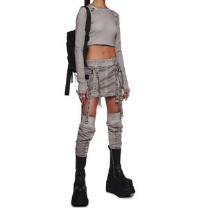 Camiseta de Manga Larga de Color Sólido, Algodón Lavado, Cuello Redondo, con Orificios para los Pulgares, Estilo Casual, para Mujer, Nuevos Estilos, Top Corto - Product Image 2