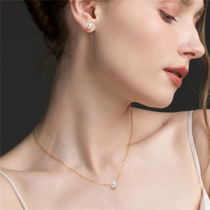 S925 Sterling Silver Pearl <b>Stud</b> <b>Earrings</b>/Necklace Set Clavicle <b>Chain</b> Jewelry Set - Product Image 2