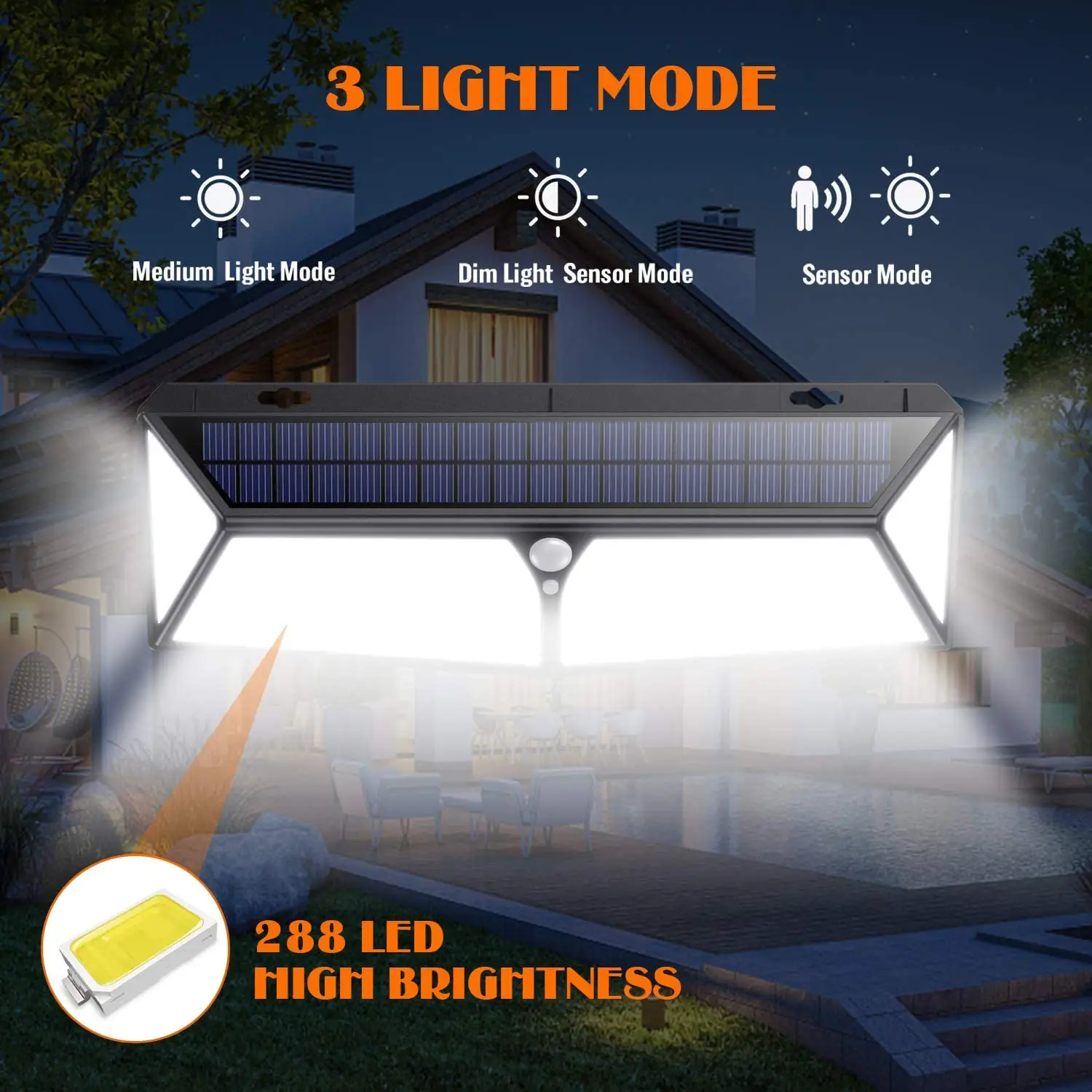 Super Bright 2500Lumens 288 LED IP65เซนเซอร์ตรวจจับความเคลื่อนไหวกันน้ำไฟพลังงานแสงอาทิตย์กลางแจ้ง288 Led ไฟรั้วพลังงานแสงอาทิตย์พร้อมเครื่องชาร์จ