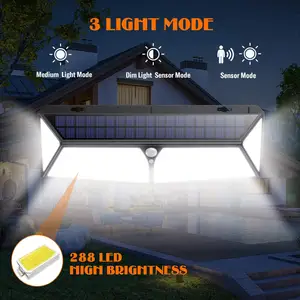 Luzes solares com sensor de movimento, à prova d'água, super brilhante, 2500 lúmens, 288 led, à prova d' água, exterior, 288, iluminação de cerca led, com carregador