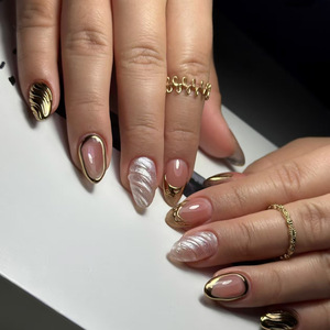 Juego de 24 <span class=keywords><strong>Uñas</strong></span> Acrílicas con Diseño Elegante de Líneas Doradas para Mujer, <span class=keywords><strong>Uñas</strong></span> Postizas Cortas con Punta Francesa en Forma de Almendra, Acabado Brillante y Cobertura Total - Product Image 6