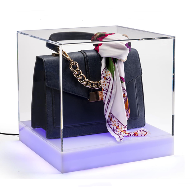 Clear Acrylic Display Case with 16-Color LED Base LED Lighted Display Cube Case with Color-Changing Base